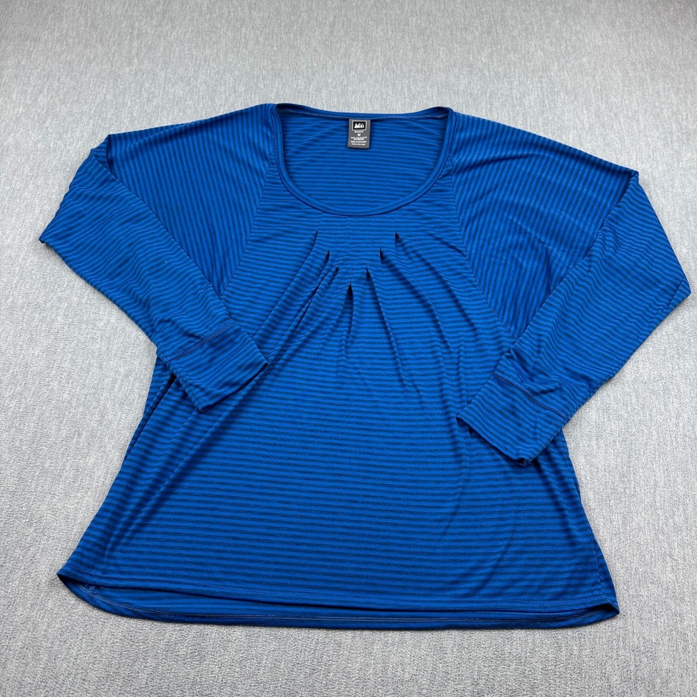 REI Shirt Womens Medium Blue‎ Striped Long Sleeve Pleated Scoop Neck Top Outdoor